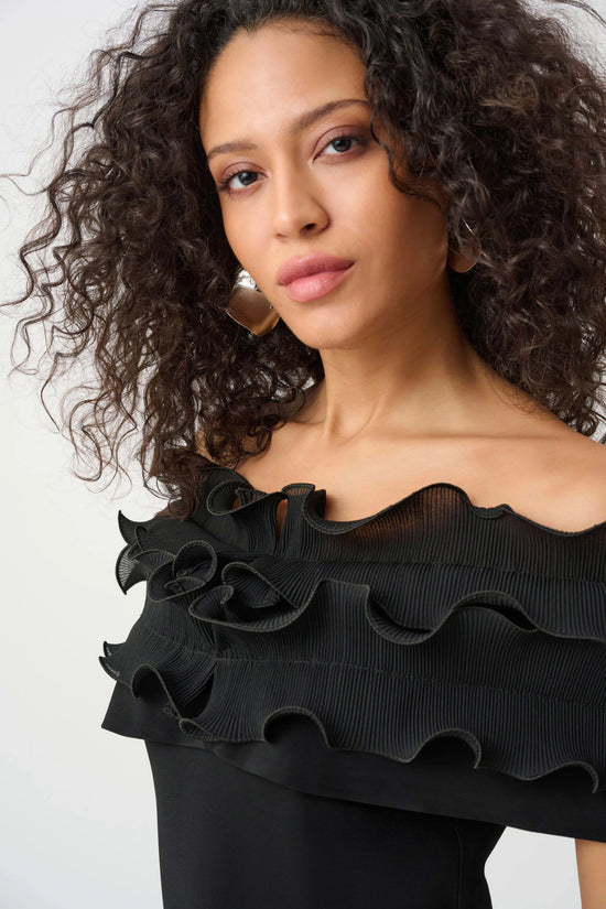 Joseph Ribkoff Black Silky Knit Off-Shoulder Top With Ruffles