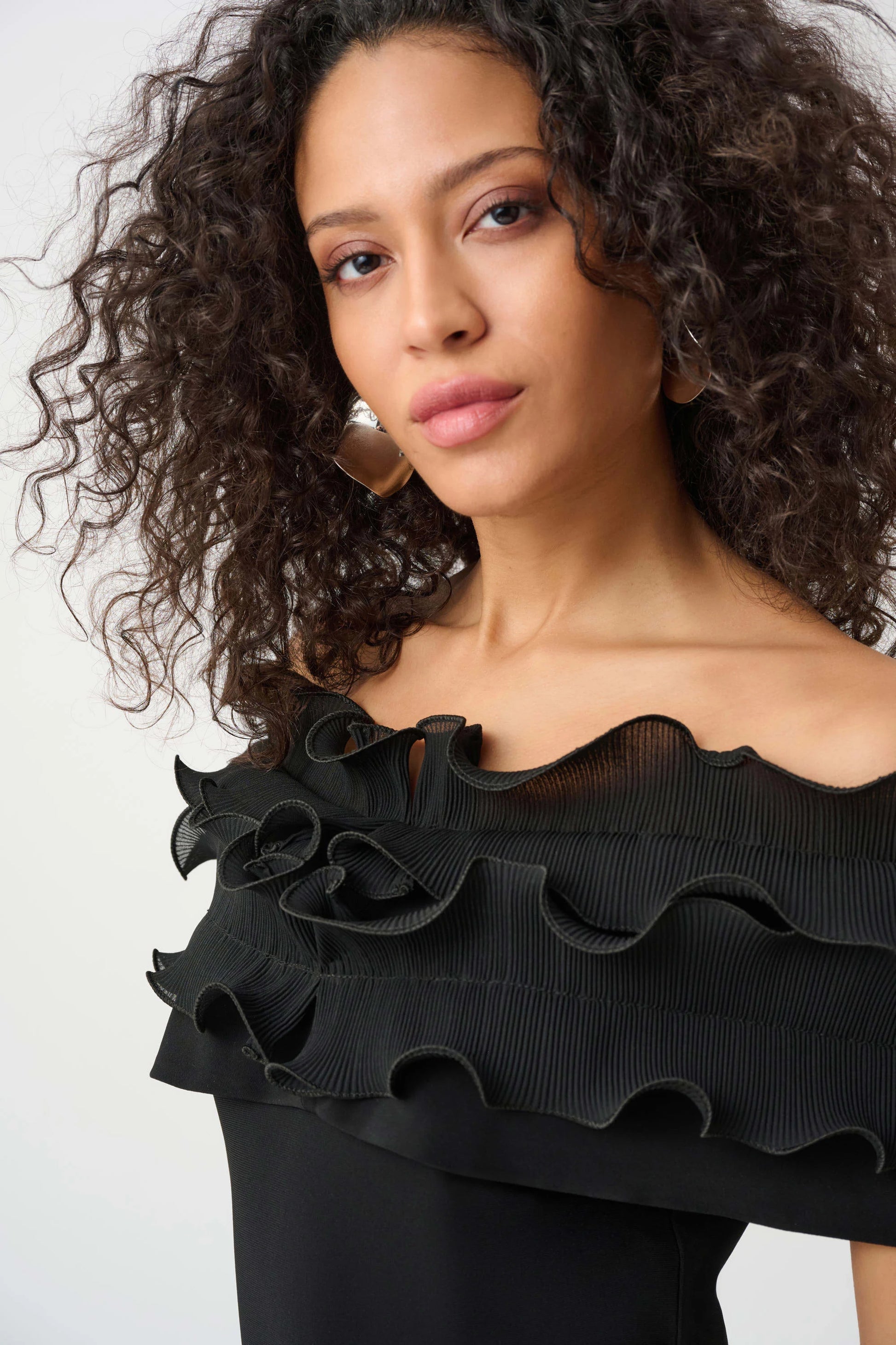 Joseph Ribkoff Black Silky Knit Off-Shoulder Top With Ruffles