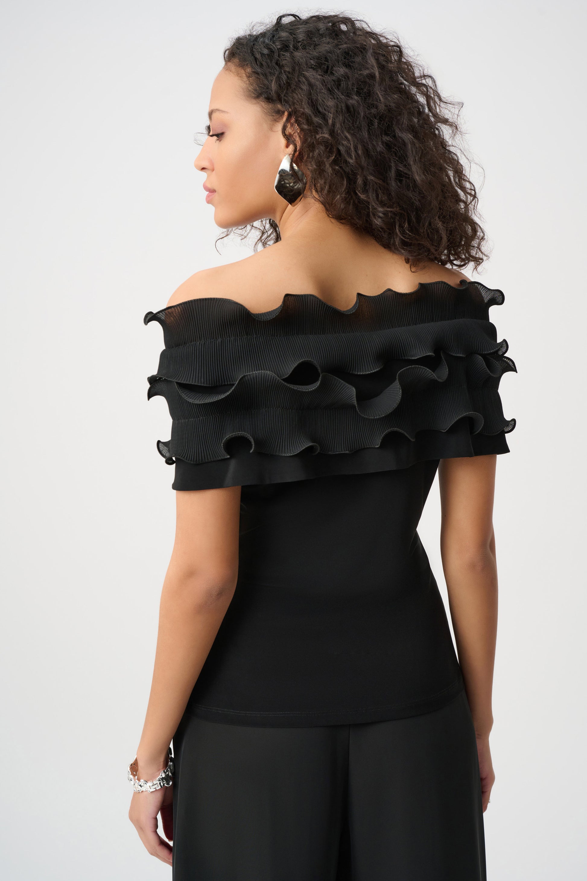 Joseph Ribkoff Black Silky Knit Off-Shoulder Top With Ruffles