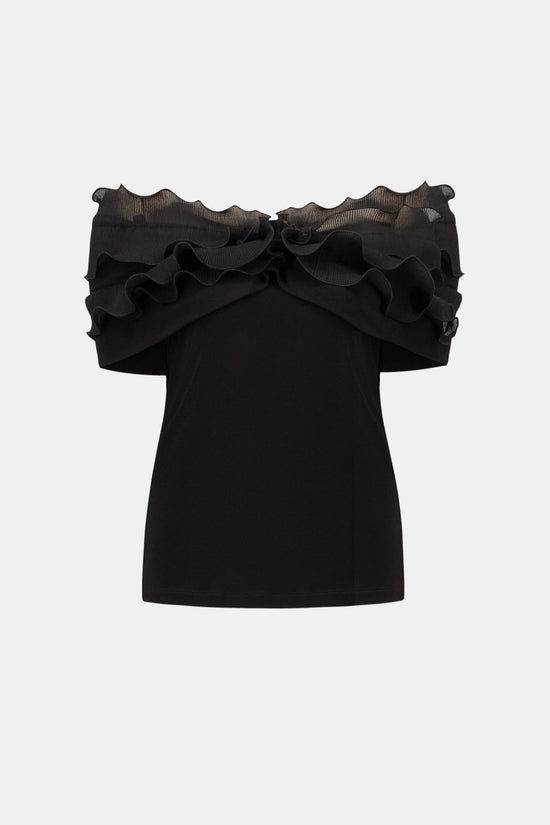 Joseph Ribkoff Black Silky Knit Off-Shoulder Top With Ruffles