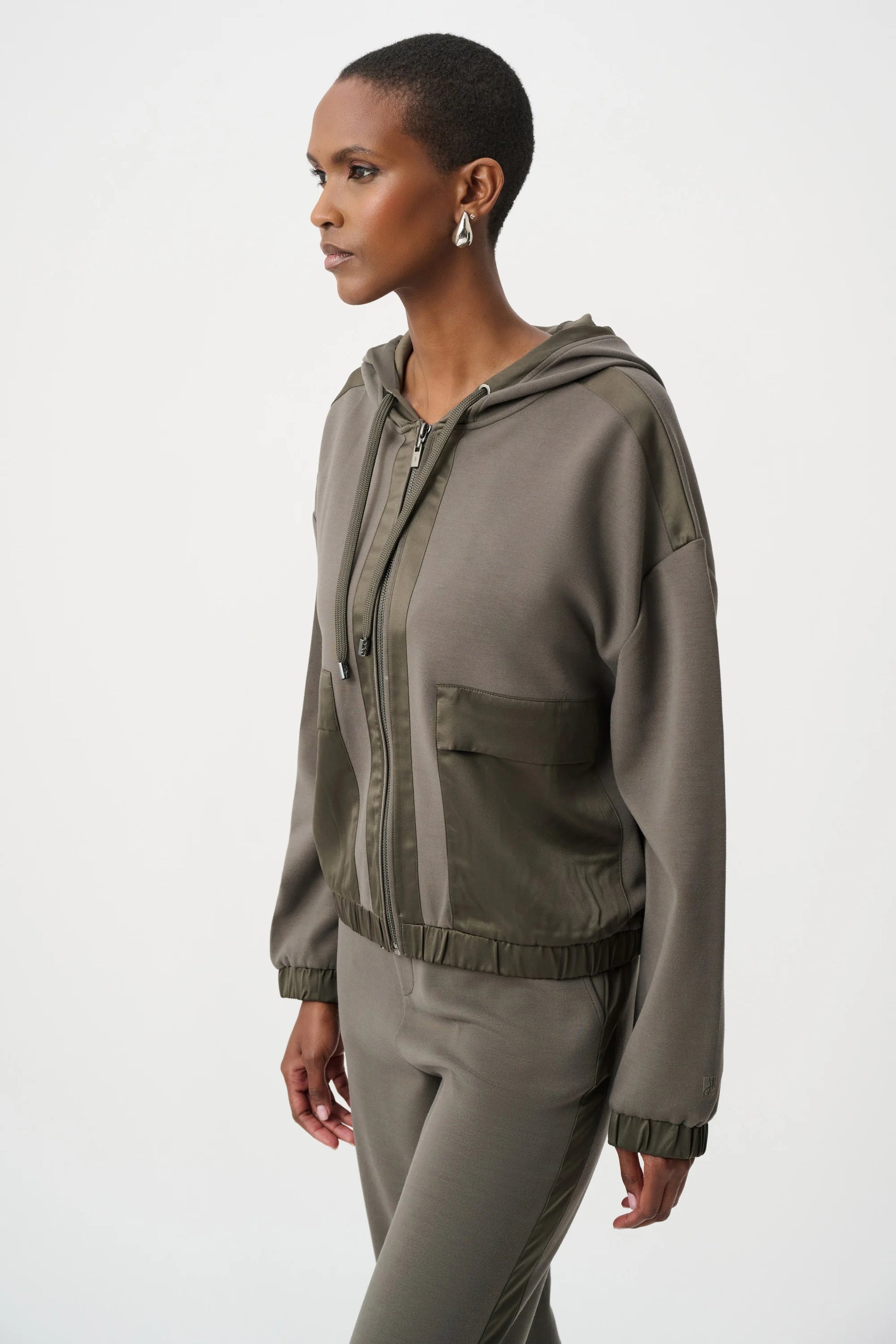 Joseph Ribkoff Avocado Scuba Jersey And Satin Hooded Boxy Jacket