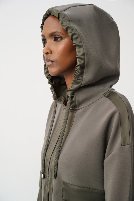 Joseph Ribkoff Avocado Scuba Jersey And Satin Hooded Boxy Jacket