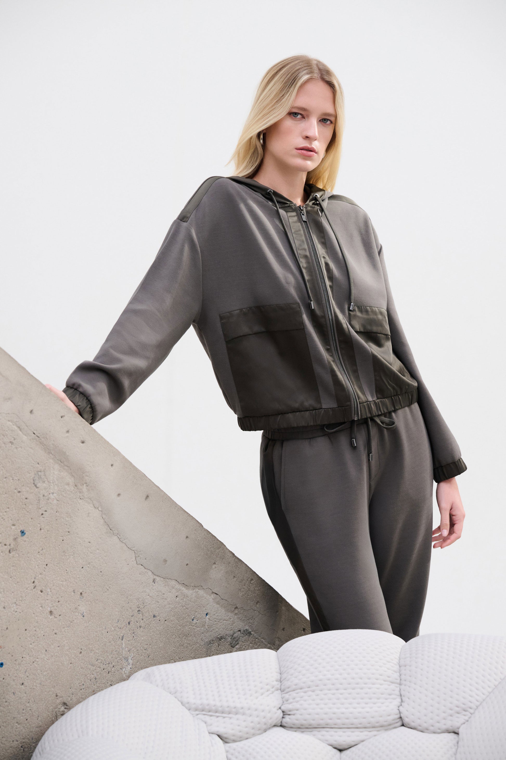 Joseph Ribkoff Avocado Scuba Jersey And Satin Hooded Boxy Jacket