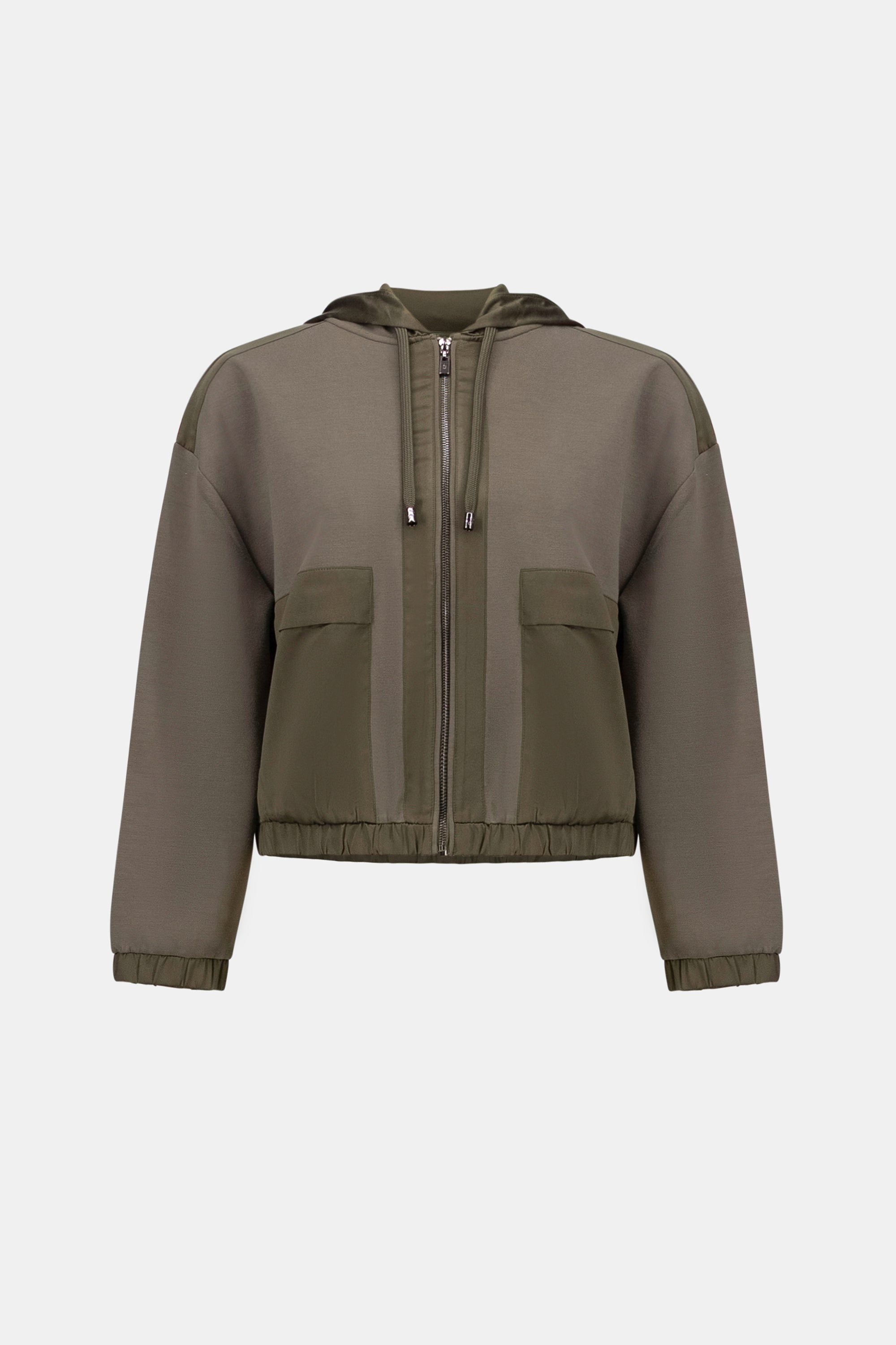 Joseph Ribkoff Avocado Scuba Jersey And Satin Hooded Boxy Jacket