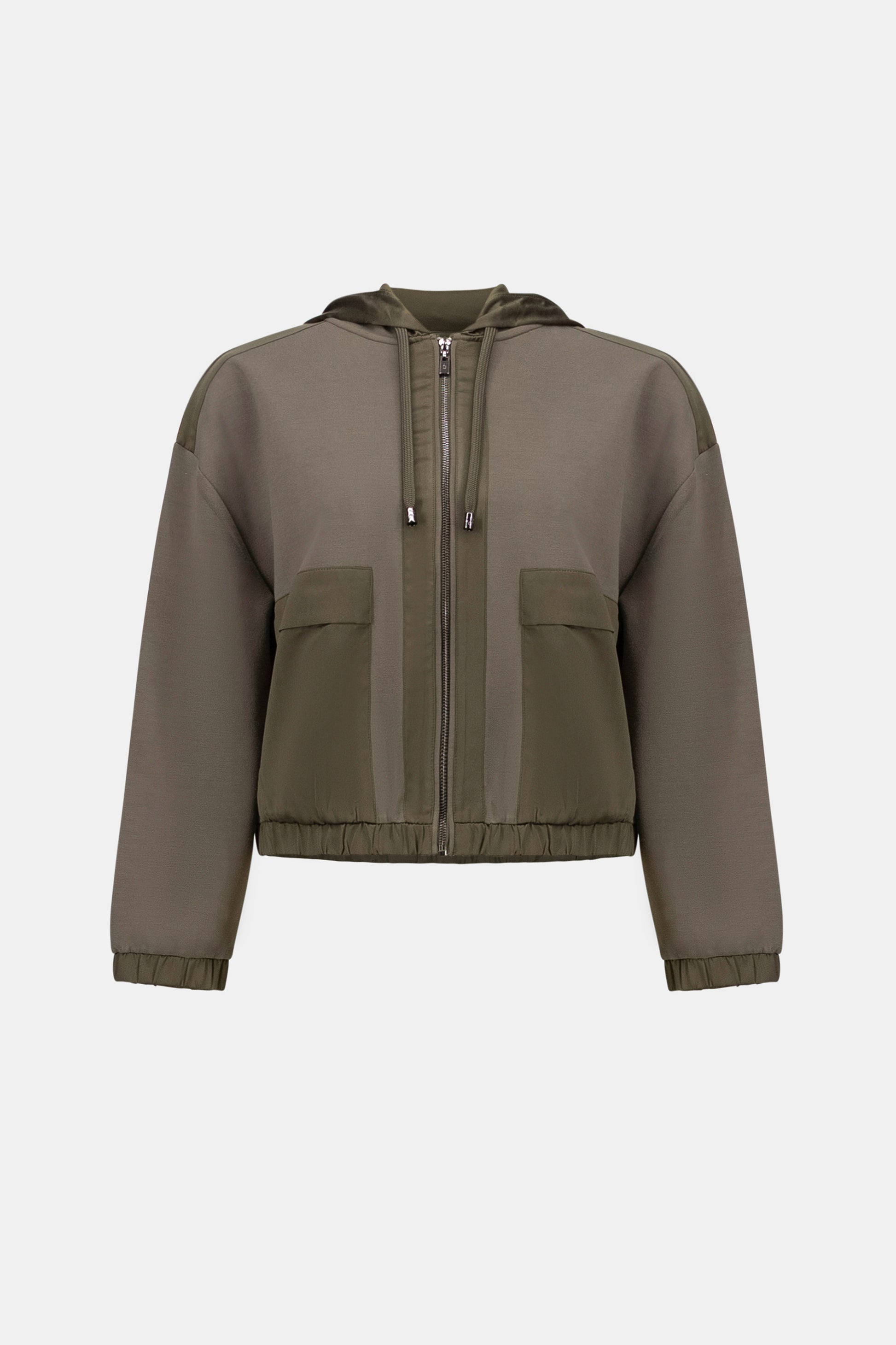 Joseph Ribkoff Avocado Scuba Jersey And Satin Hooded Boxy Jacket