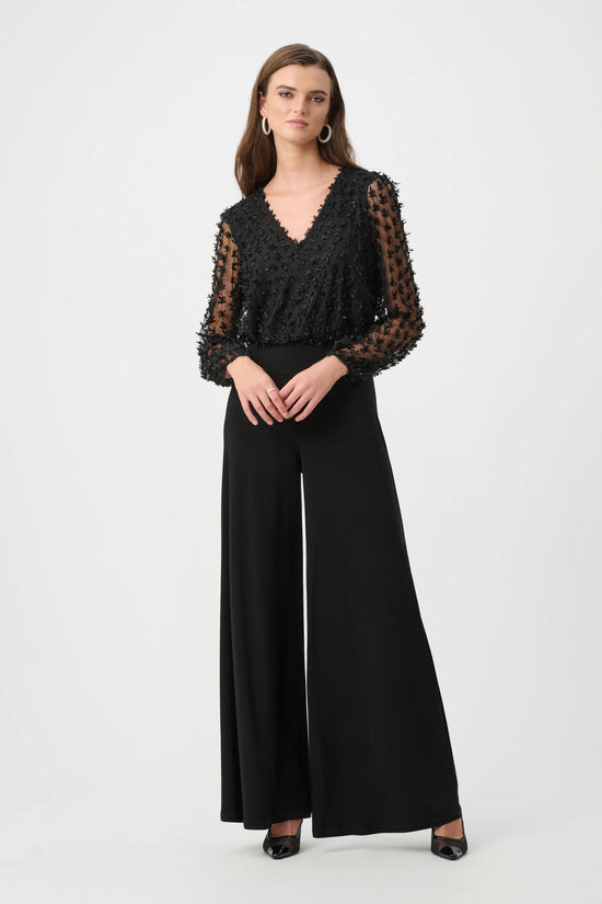 Joseph Ribkoff Black Silky Knit and Sheer Wide Leg Jumpsuit