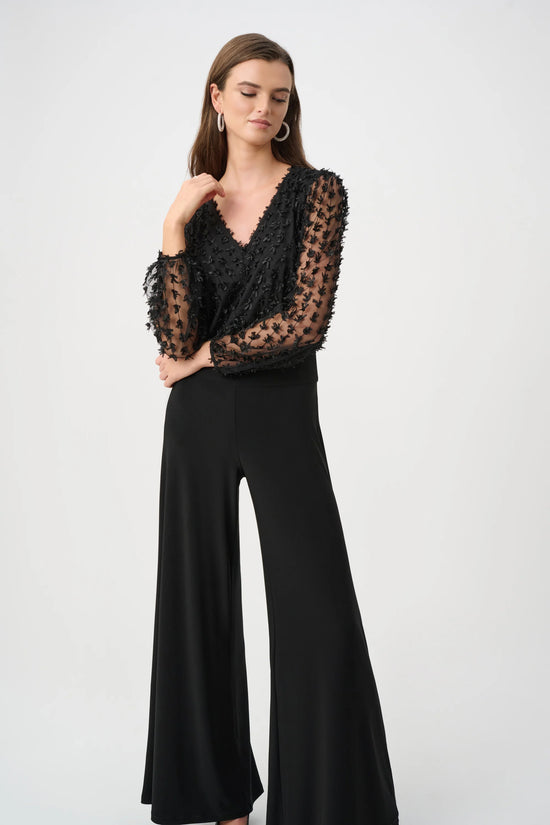 Joseph Ribkoff Black Silky Knit and Sheer Wide Leg Jumpsuit