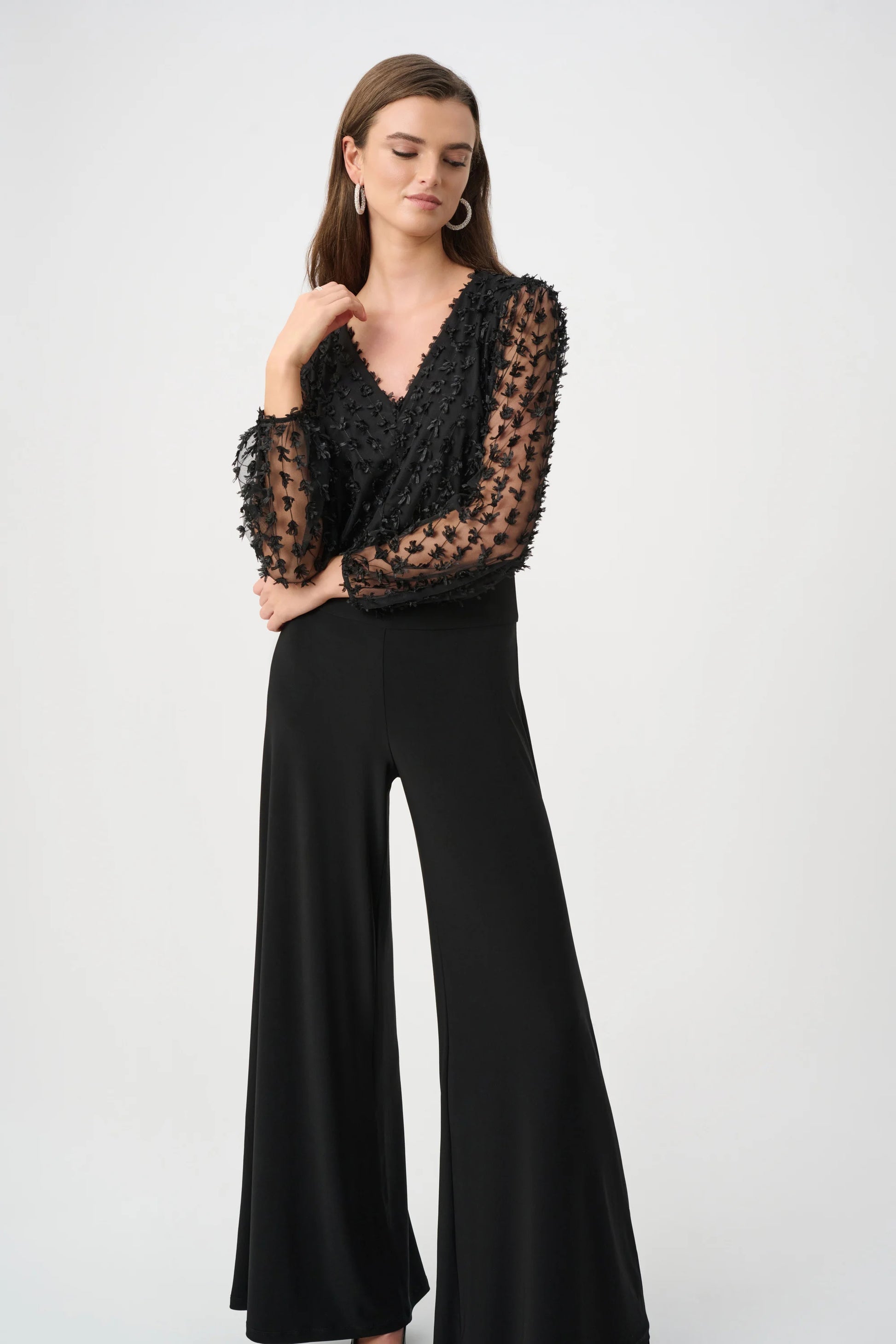 Joseph Ribkoff Black Silky Knit and Sheer Wide Leg Jumpsuit