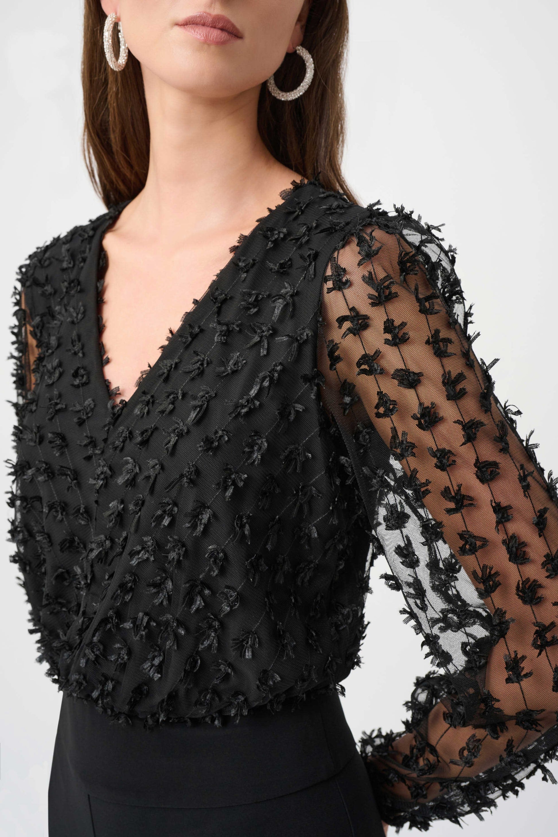 Joseph Ribkoff Black Silky Knit and Sheer Wide Leg Jumpsuit