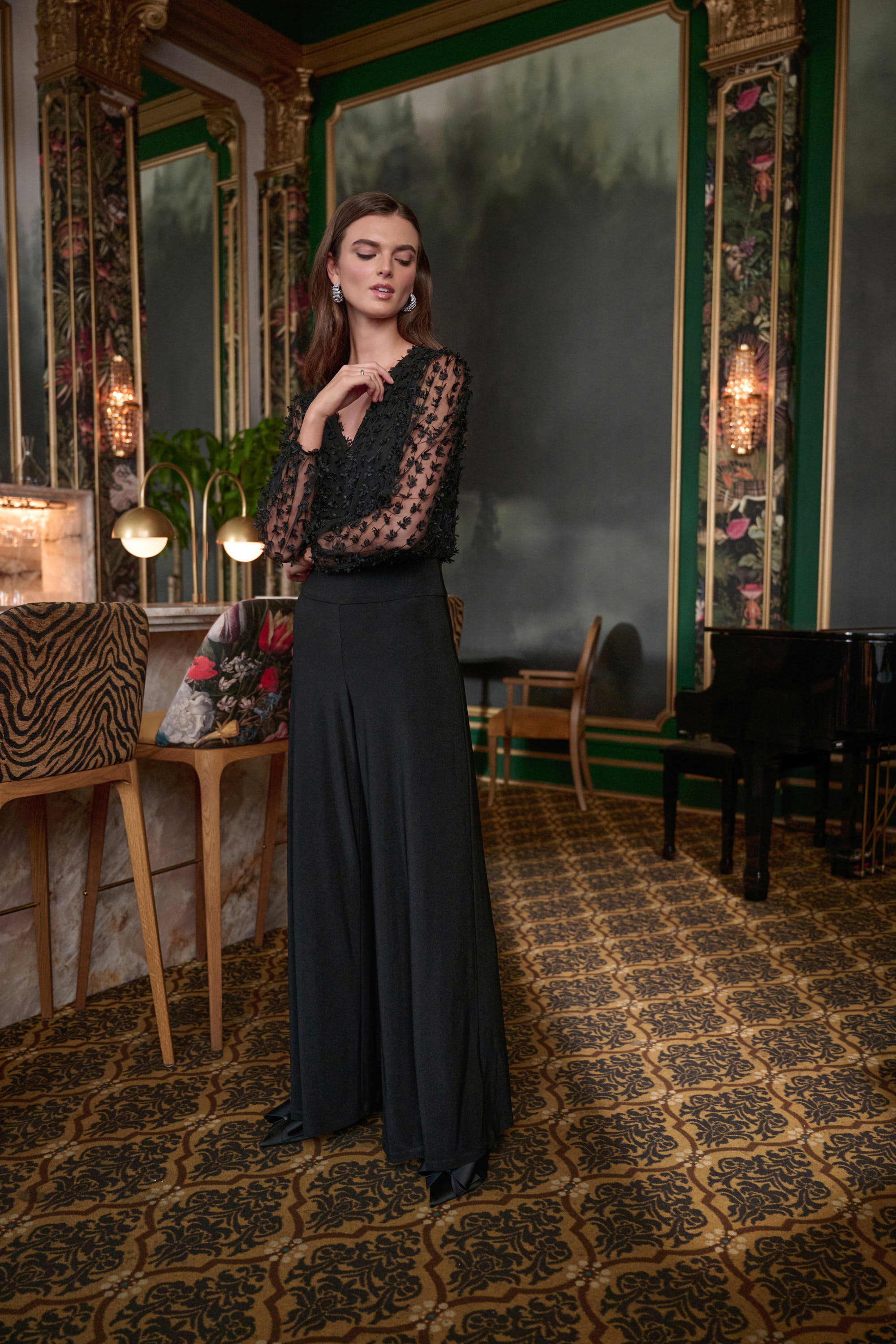 Joseph Ribkoff Black Silky Knit and Sheer Wide Leg Jumpsuit 263723