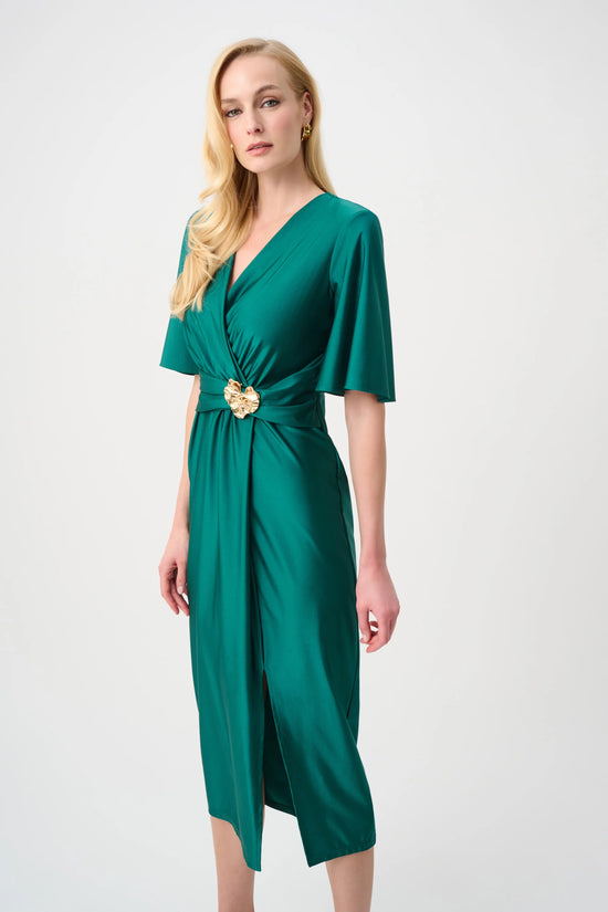 Joseph Ribkoff Green Satin Knit Wrap Dress With Ruched Waistband