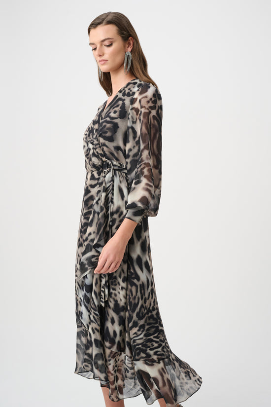 Joseph Ribkoff Grey Chiffon Printed Fit and Flare Wrap Dress 263739