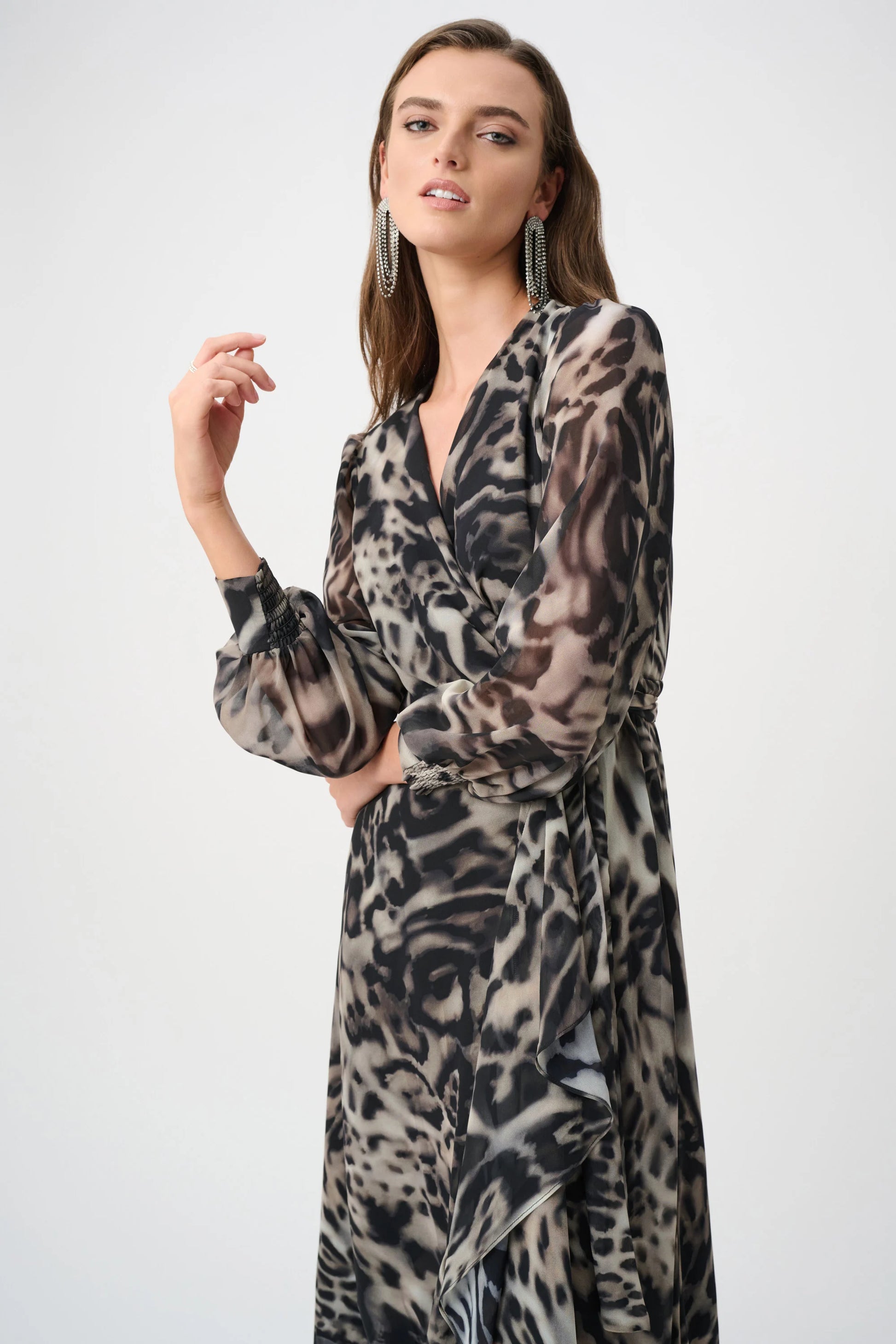 Joseph Ribkoff Grey Chiffon Printed Fit and Flare Wrap Dress 263739