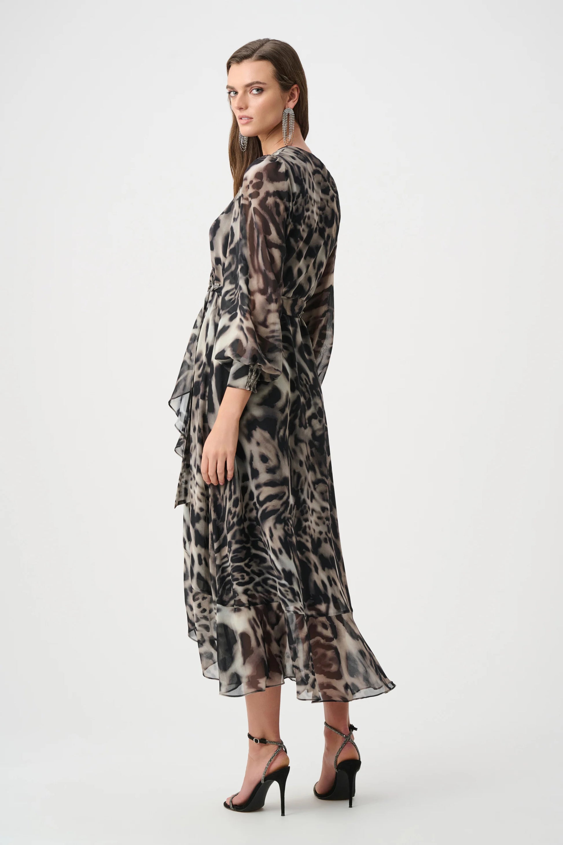Joseph Ribkoff Grey Chiffon Printed Fit and Flare Wrap Dress 263739