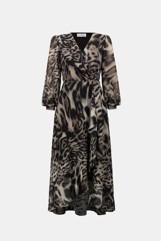 Joseph Ribkoff Grey Chiffon Printed Fit and Flare Wrap Dress 263739