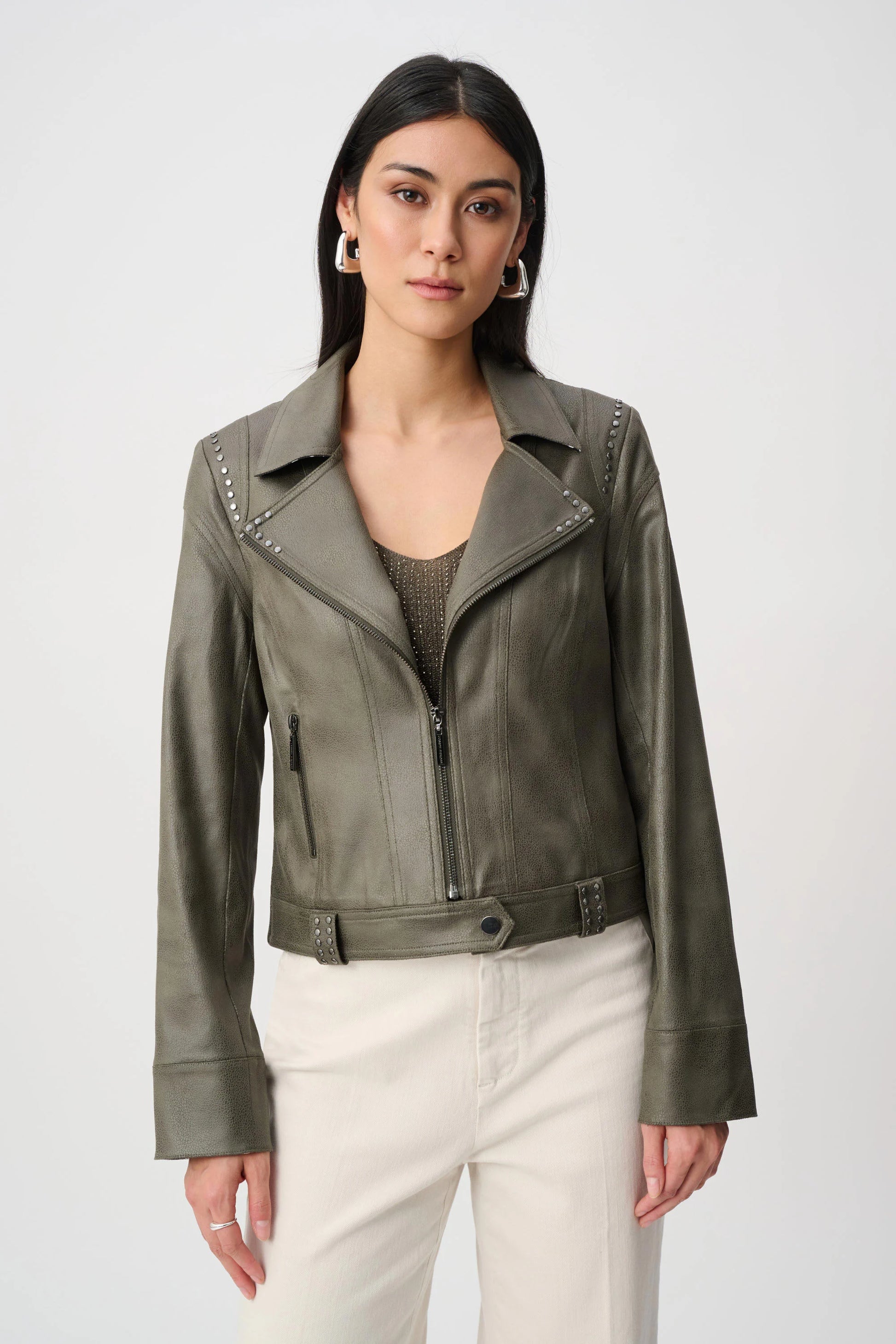 Joseph Ribkoff Avocado Foiled Faux Suede Fitted Jacket 