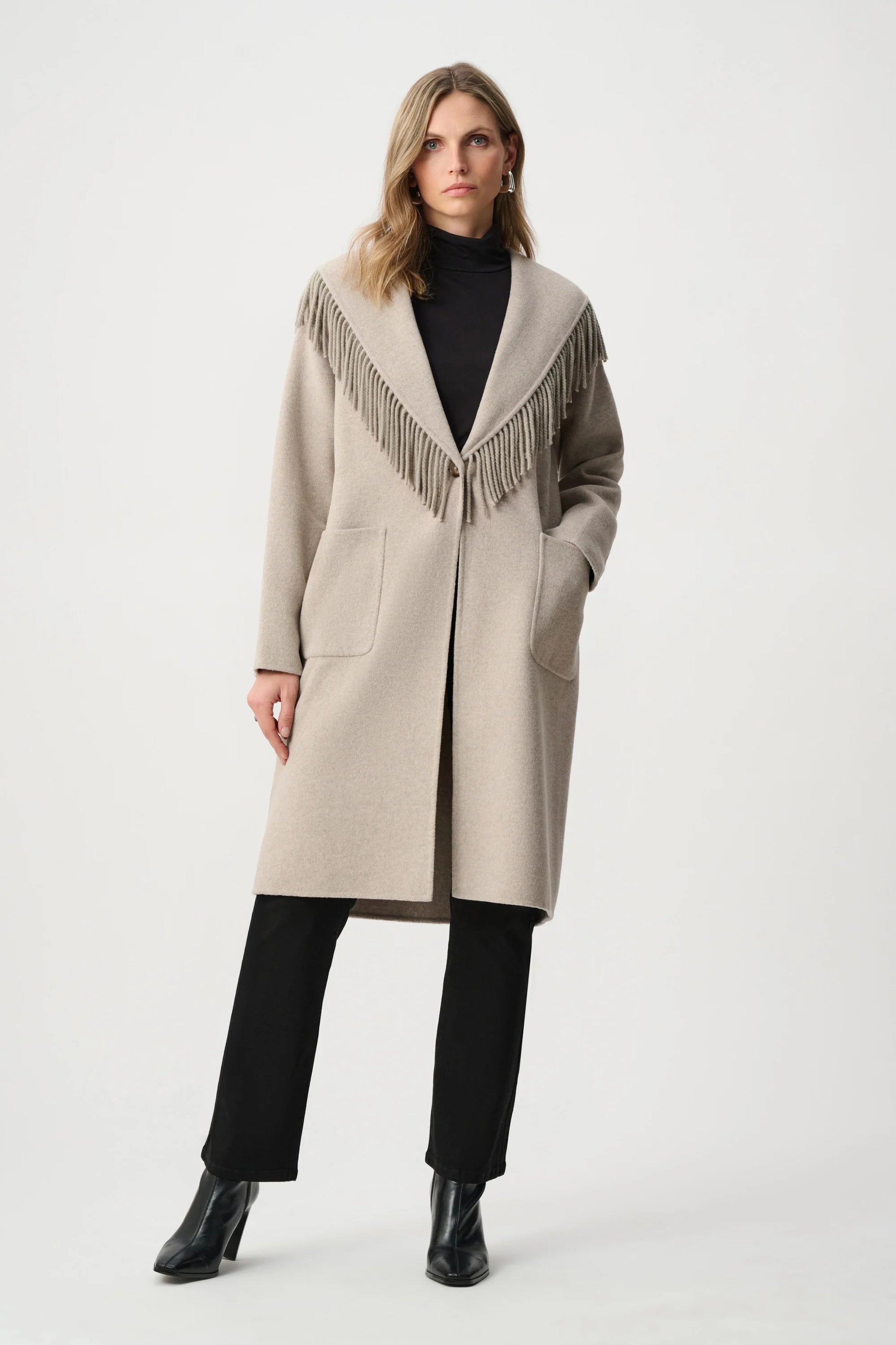 Joseph Ribkoff Oatmeal Wool Blend Shawl Collar Fringed Coat