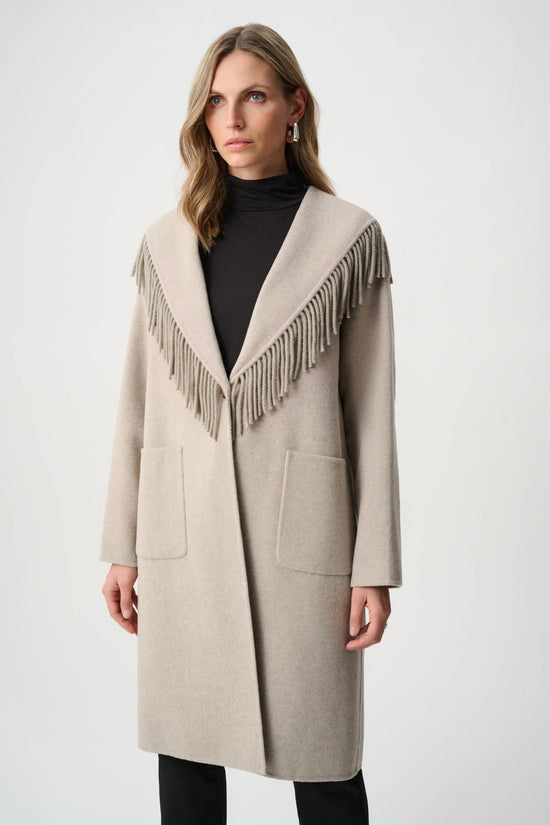 Joseph Ribkoff Oatmeal Wool Blend Shawl Collar Fringed Coat