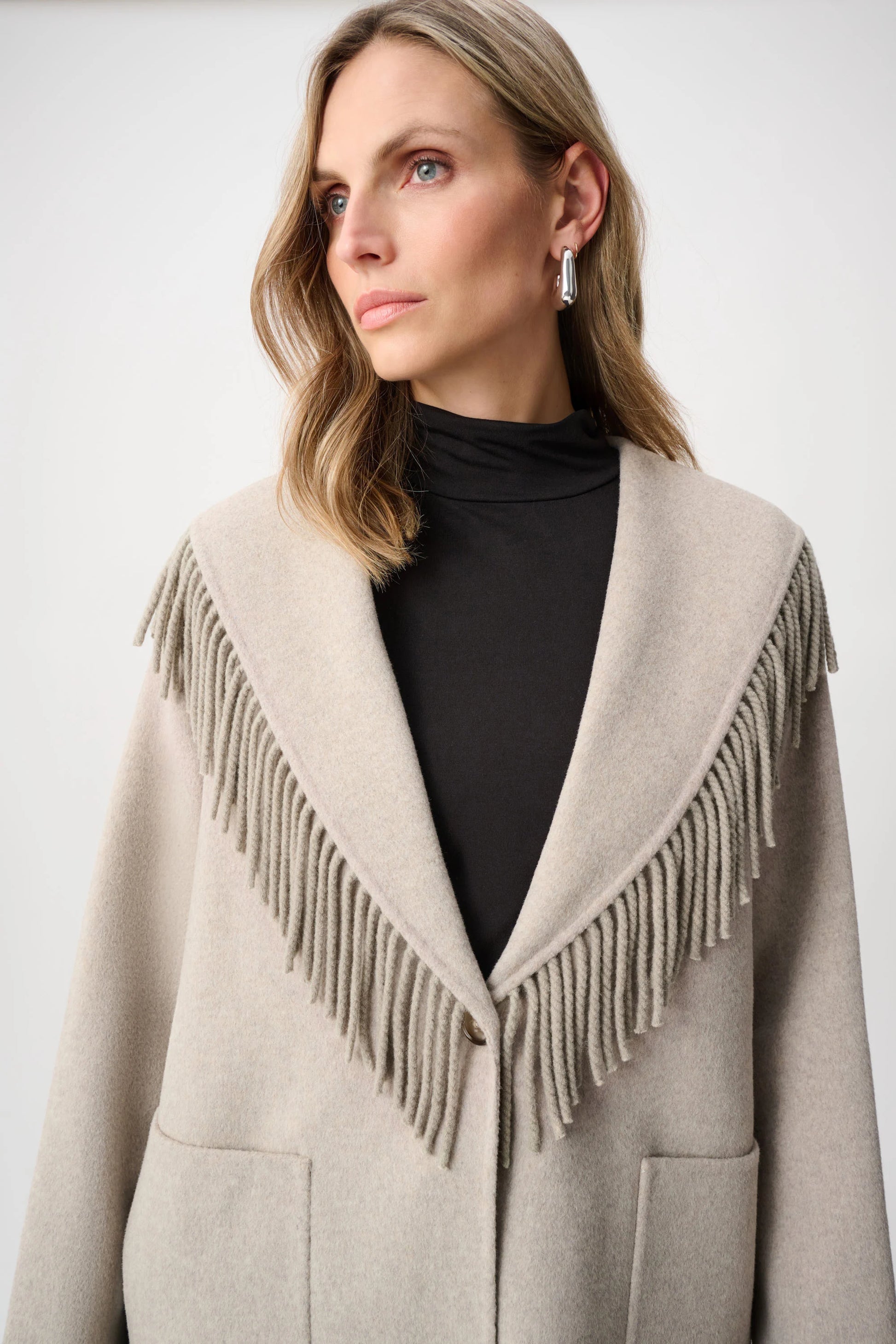 Joseph Ribkoff Oatmeal Wool Blend Shawl Collar Fringed Coat