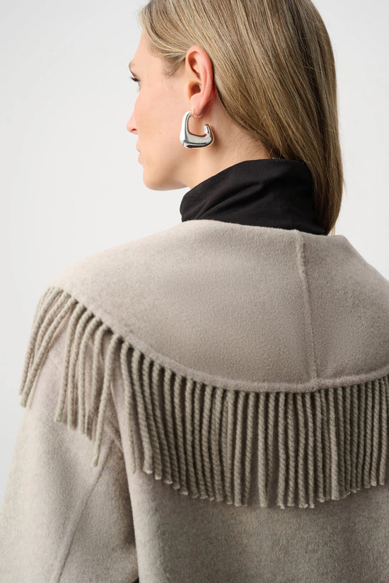 Joseph Ribkoff Oatmeal Wool Blend Shawl Collar Fringed Coat