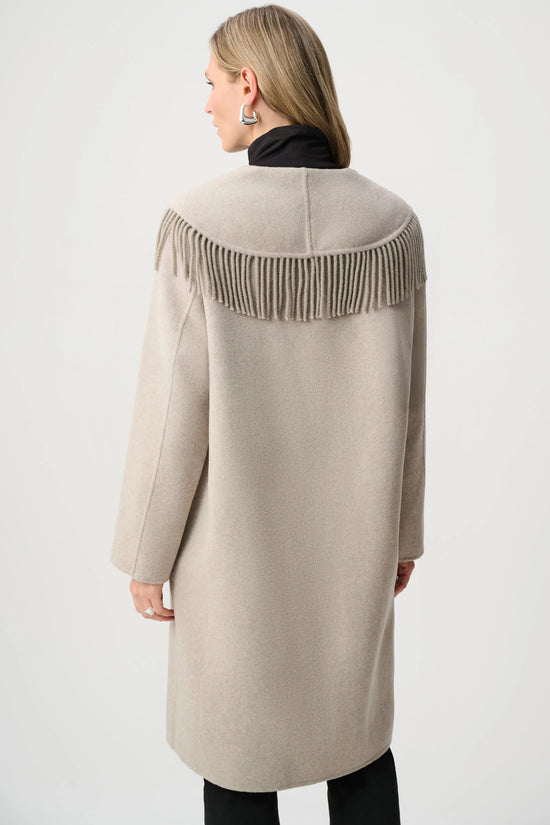 Joseph Ribkoff Oatmeal Wool Blend Shawl Collar Fringed Coat