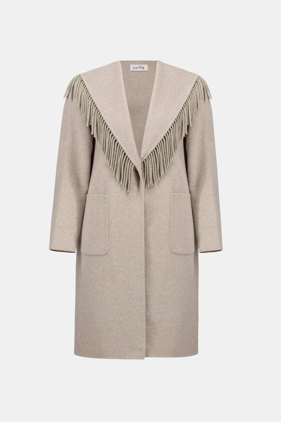 Joseph Ribkoff Oatmeal Wool Blend Shawl Collar Fringed Coat