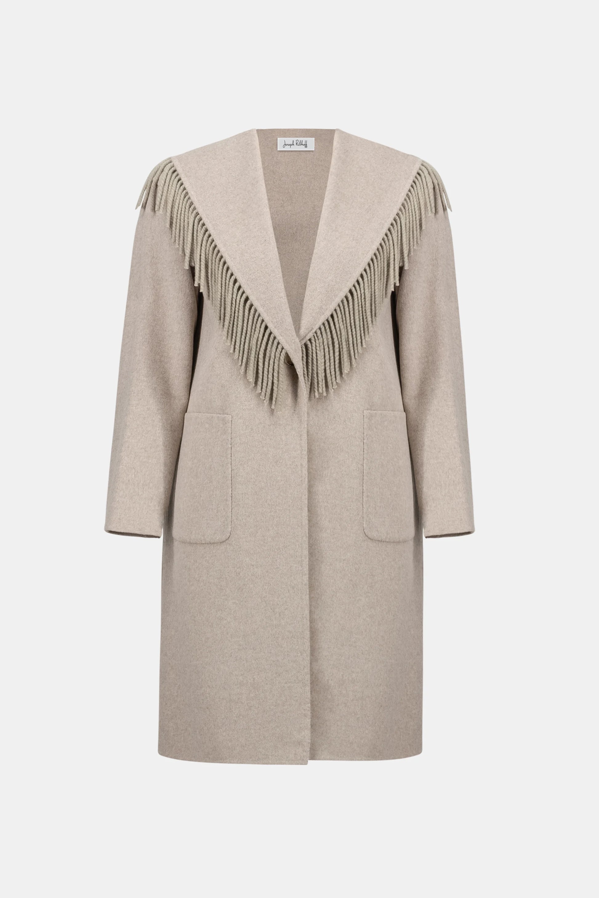 Joseph Ribkoff Oatmeal Wool Blend Shawl Collar Fringed Coat