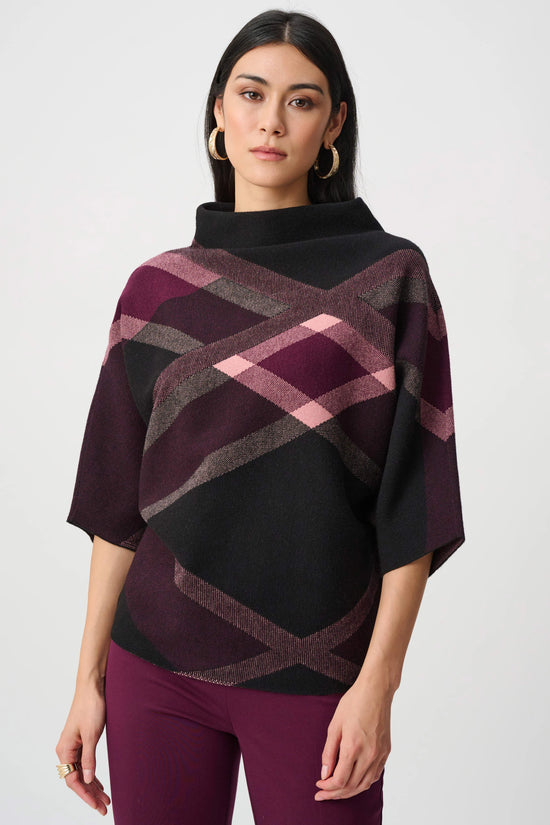 Joseph Ribkoff Black Brushed Viscose And Nylon Plaid Funnel-Neck Sweater 
