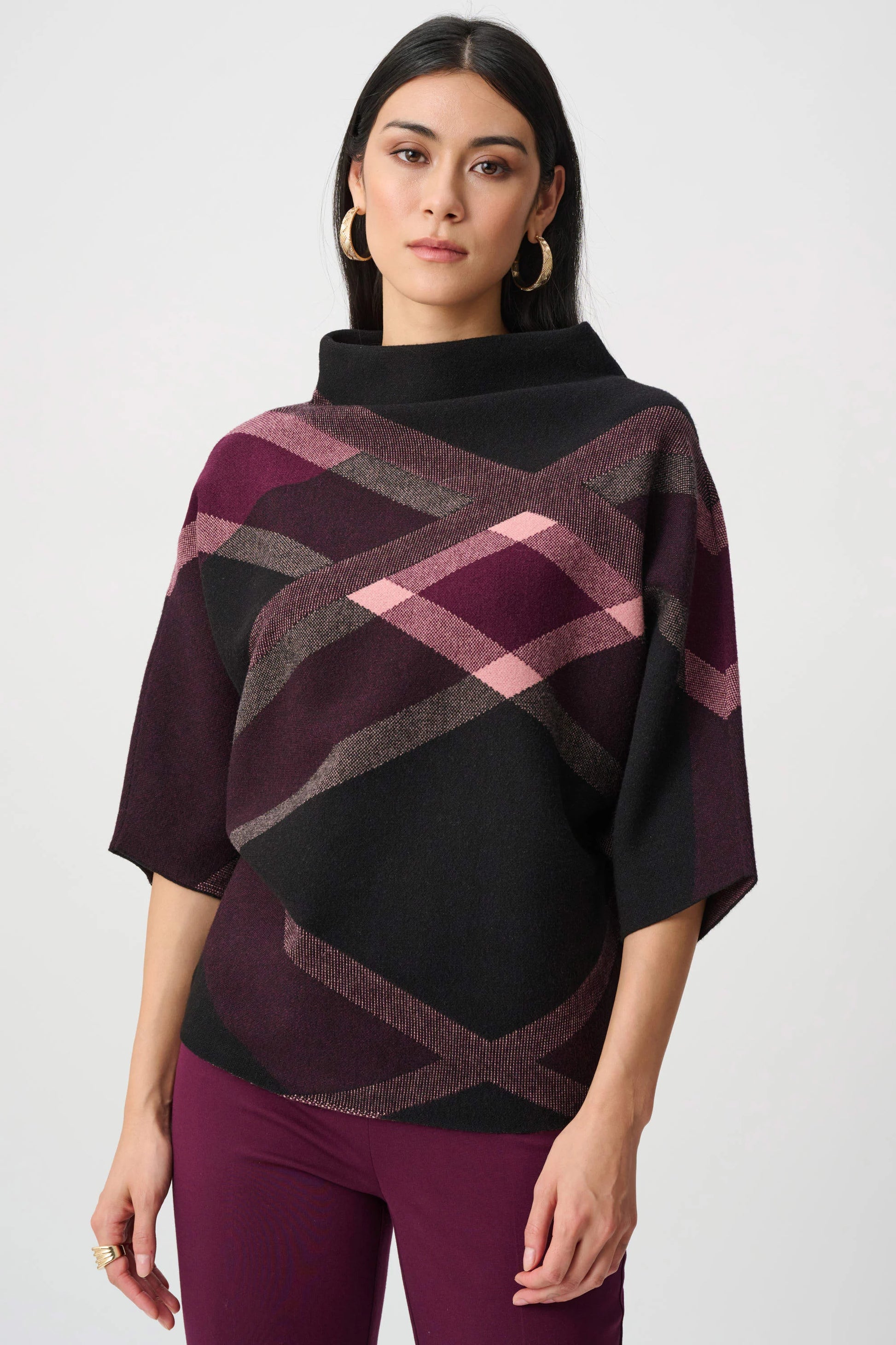 Joseph Ribkoff Black Brushed Viscose And Nylon Plaid Funnel-Neck Sweater 
