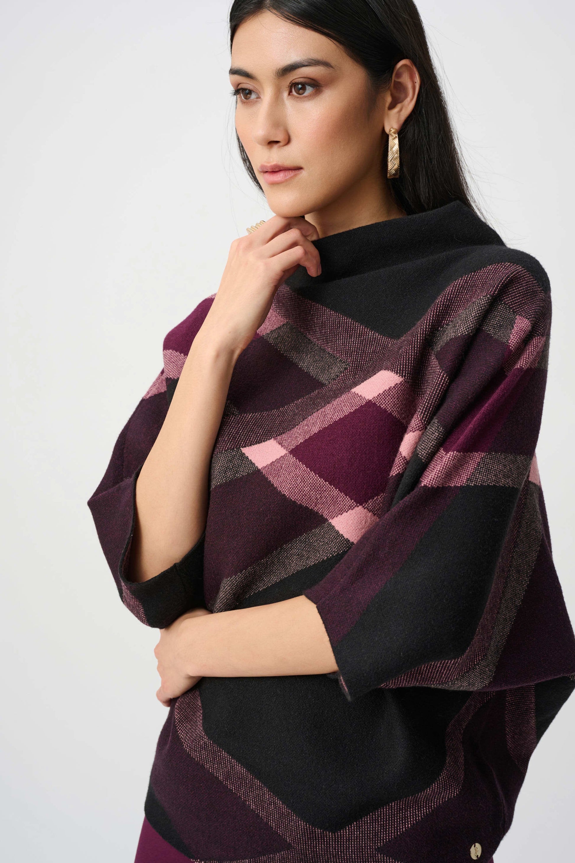 Joseph Ribkoff Black Brushed Viscose And Nylon Plaid Funnel-Neck Sweater 