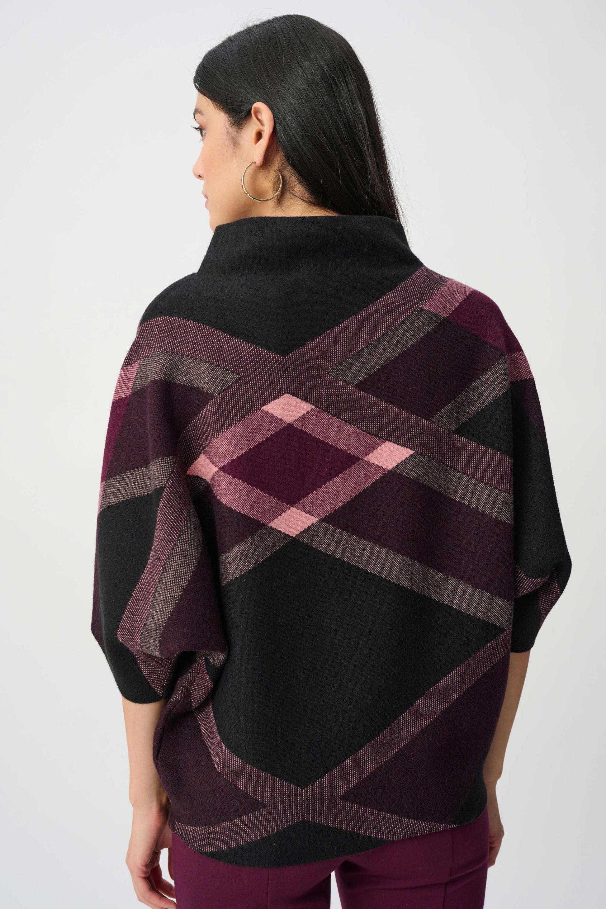 Joseph Ribkoff Black Brushed Viscose And Nylon Plaid Funnel-Neck Sweater 