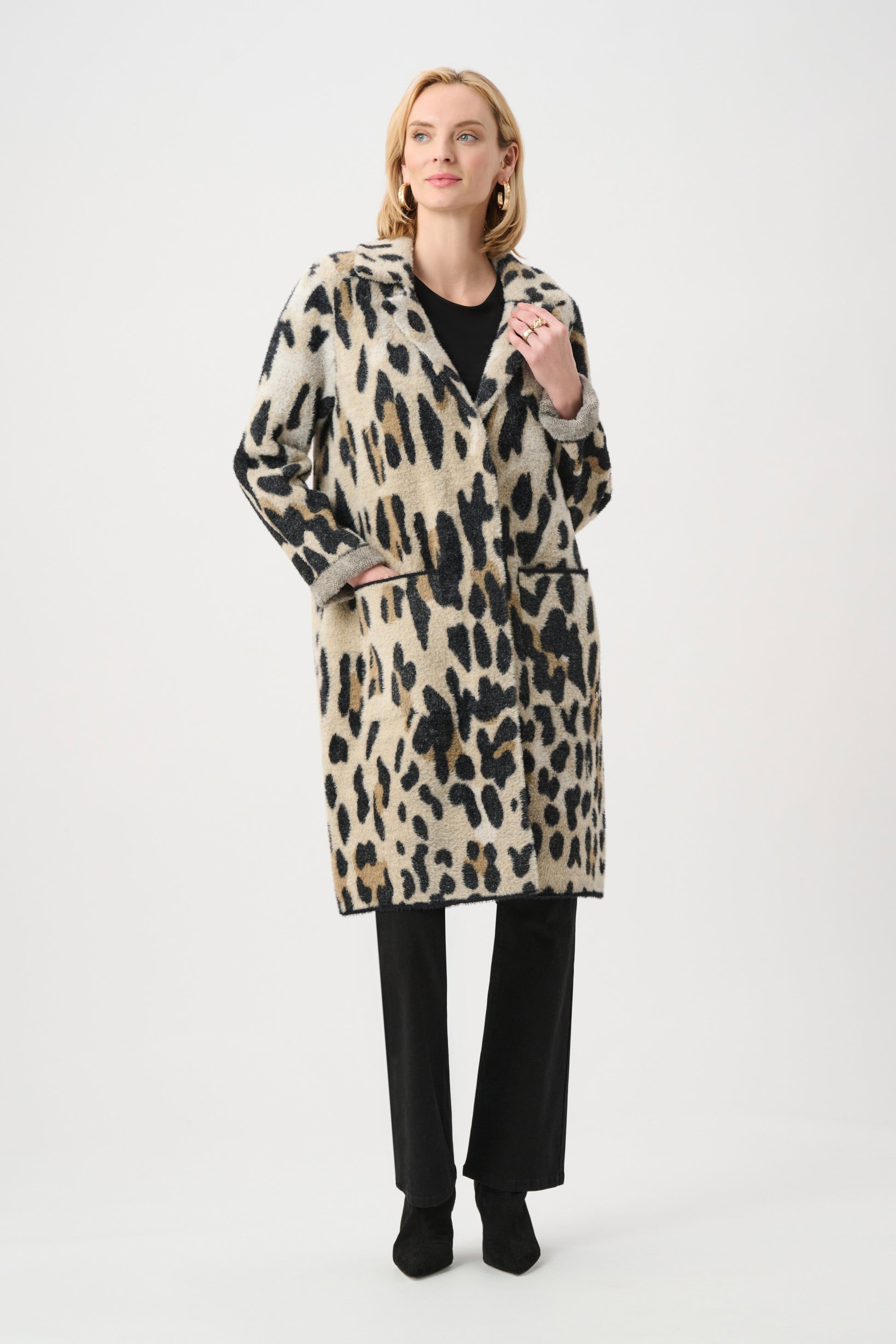 Joseph Ribkoff Camel Feather Yarn Leopard Print Coat 