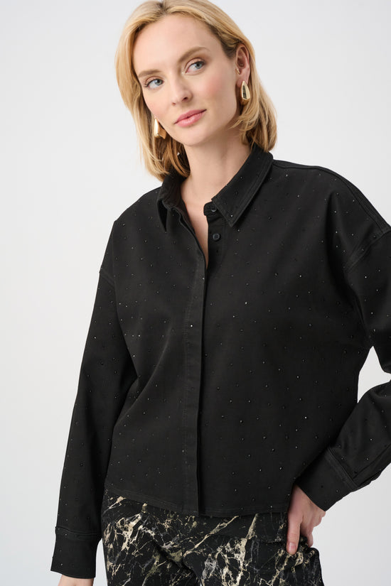 Joseph Ribkoff Black Featherweave Denim Cropped Blouse With Rhinestone Detail 
