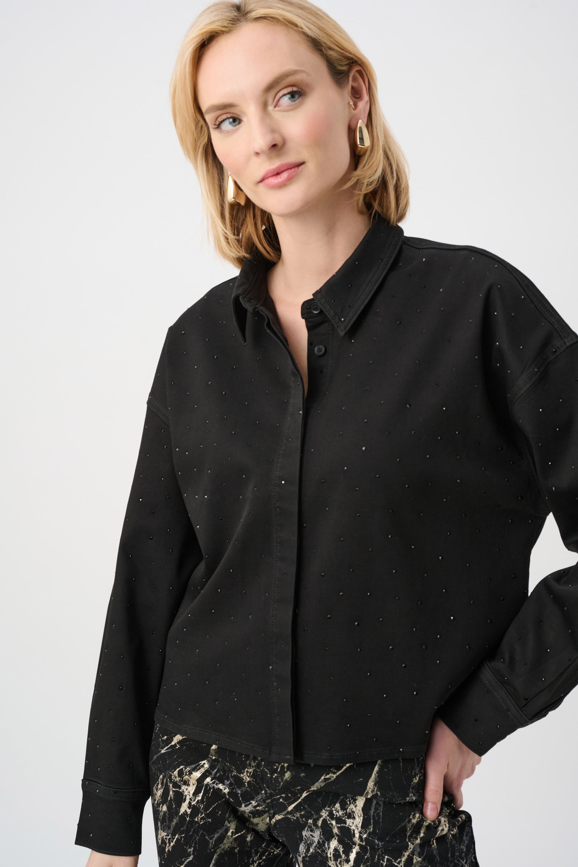 Joseph Ribkoff Black Featherweave Denim Cropped Blouse With Rhinestone Detail 