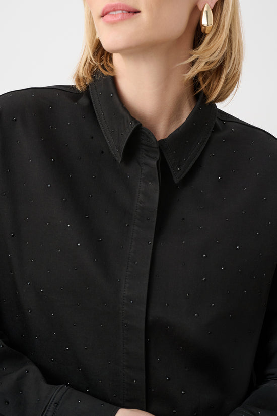 Joseph Ribkoff Black Featherweave Denim Cropped Blouse With Rhinestone Detail 