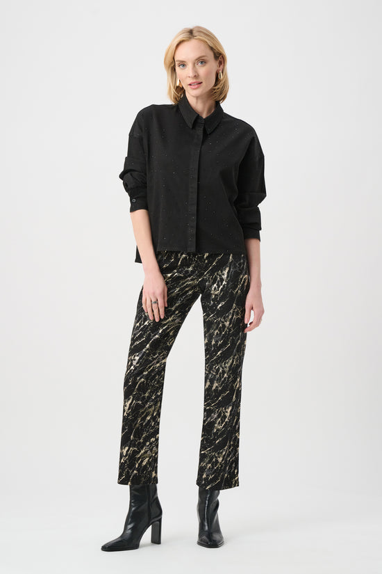 Joseph Ribkoff Black Featherweave Denim Cropped Blouse With Rhinestone Detail 