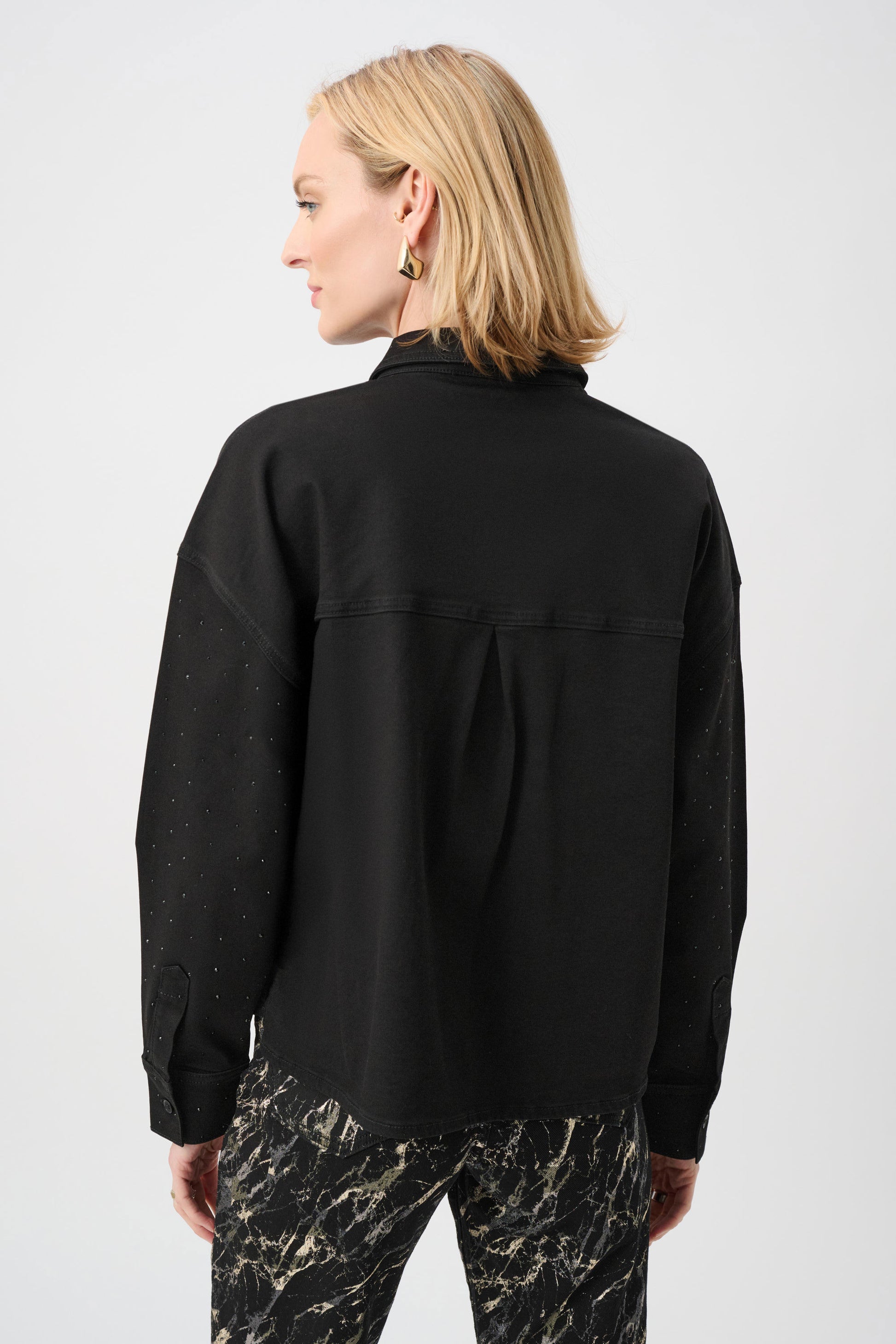 Joseph Ribkoff Black Featherweave Denim Cropped Blouse With Rhinestone Detail 
