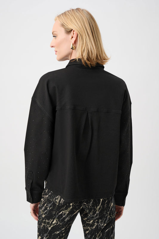 Joseph Ribkoff Black Featherweave Denim Cropped Blouse With Rhinestone Detail 