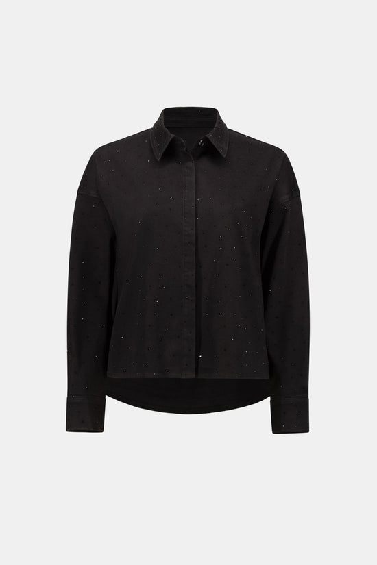 Joseph Ribkoff Black Featherweave Denim Cropped Blouse With Rhinestone Detail 