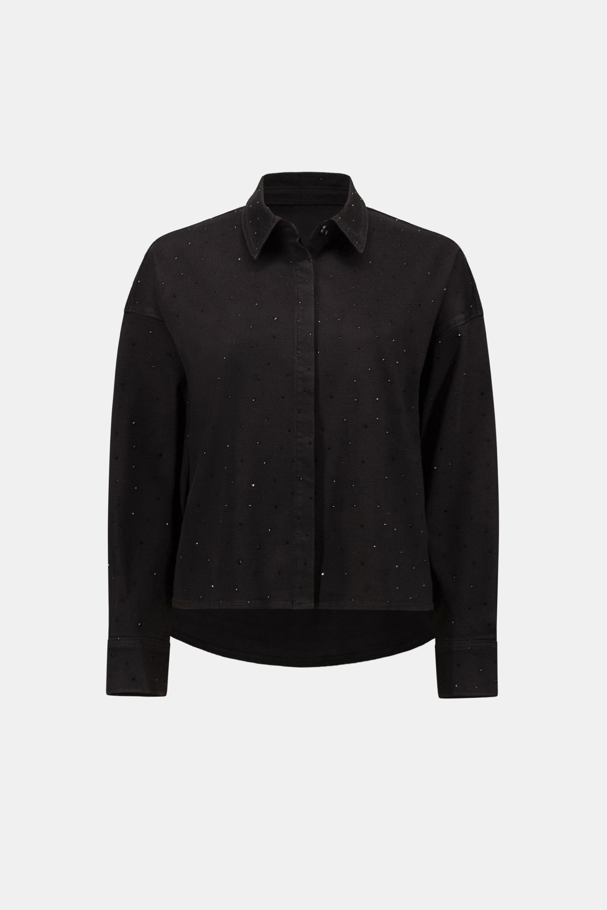 Joseph Ribkoff Black Featherweave Denim Cropped Blouse With Rhinestone Detail 