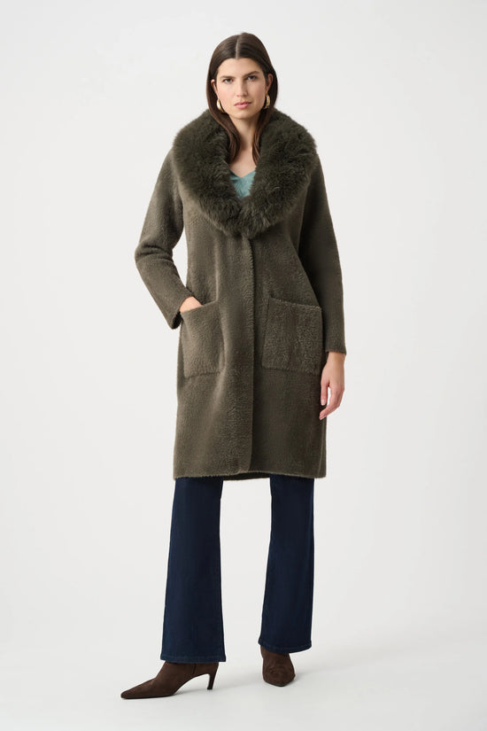 Joseph Ribkoff Avocado Feather Yarn Knit Coat With Detachable Faux Fur Collar