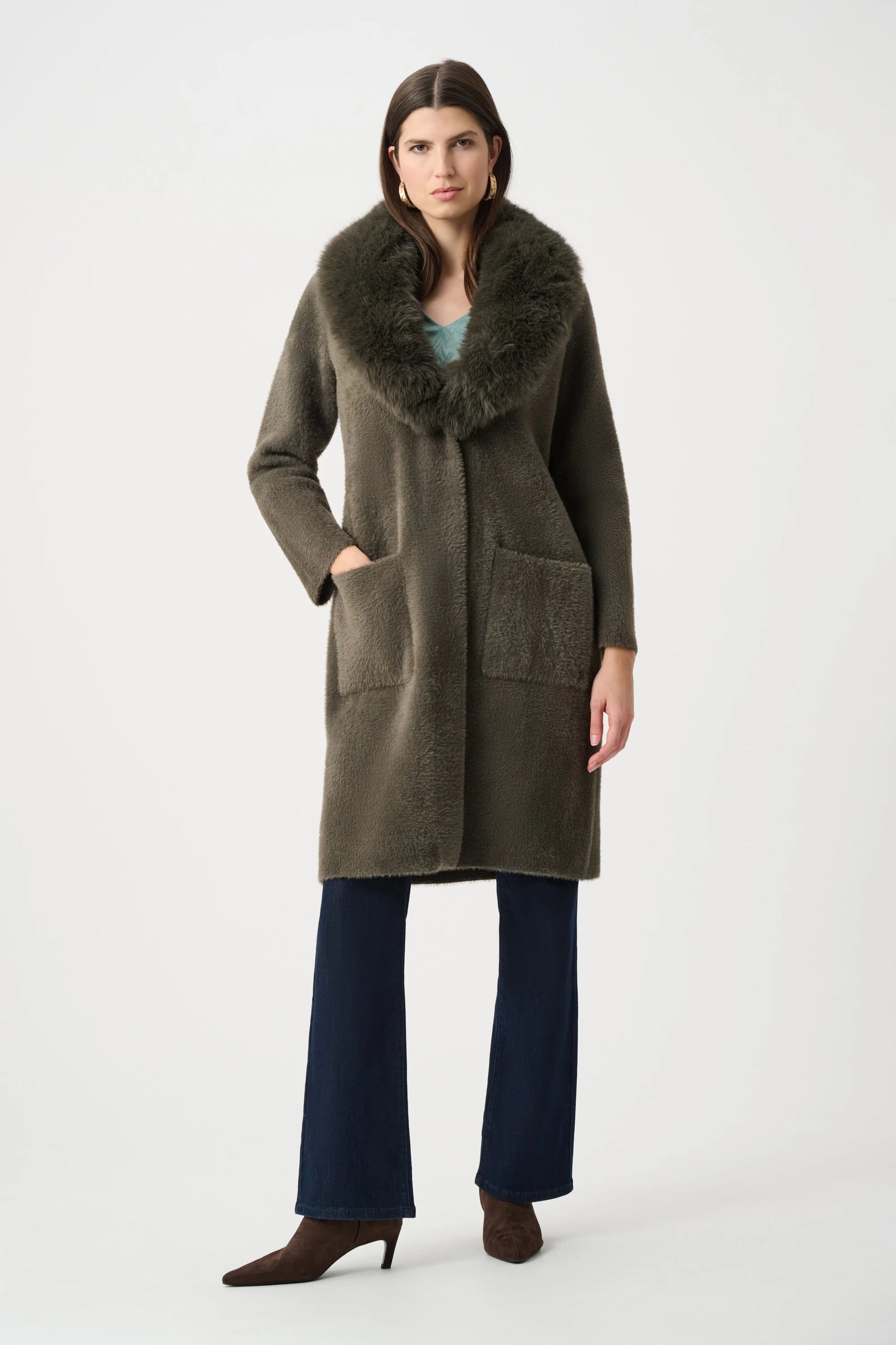 Joseph Ribkoff Avocado Feather Yarn Knit Coat With Detachable Faux Fur Collar