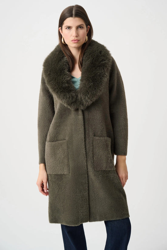 Joseph Ribkoff Avocado Feather Yarn Knit Coat With Detachable Faux Fur Collar