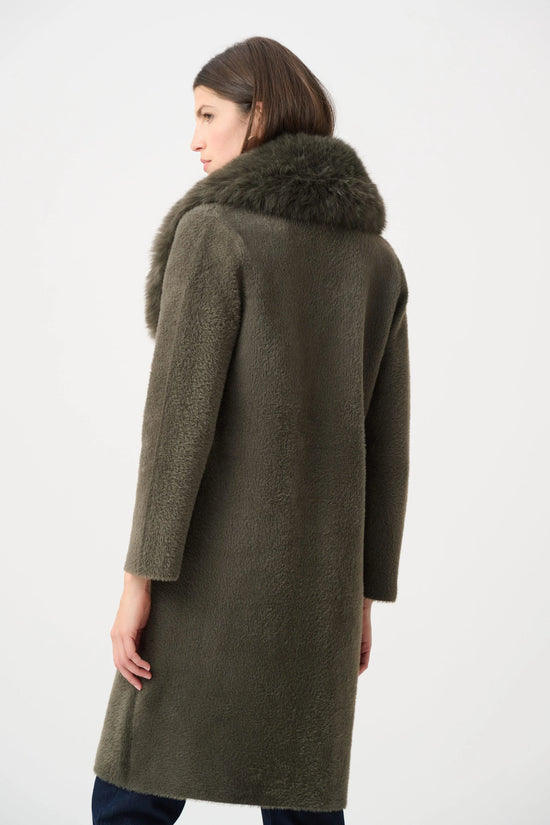Joseph Ribkoff Avocado Feather Yarn Knit Coat With Detachable Faux Fur Collar