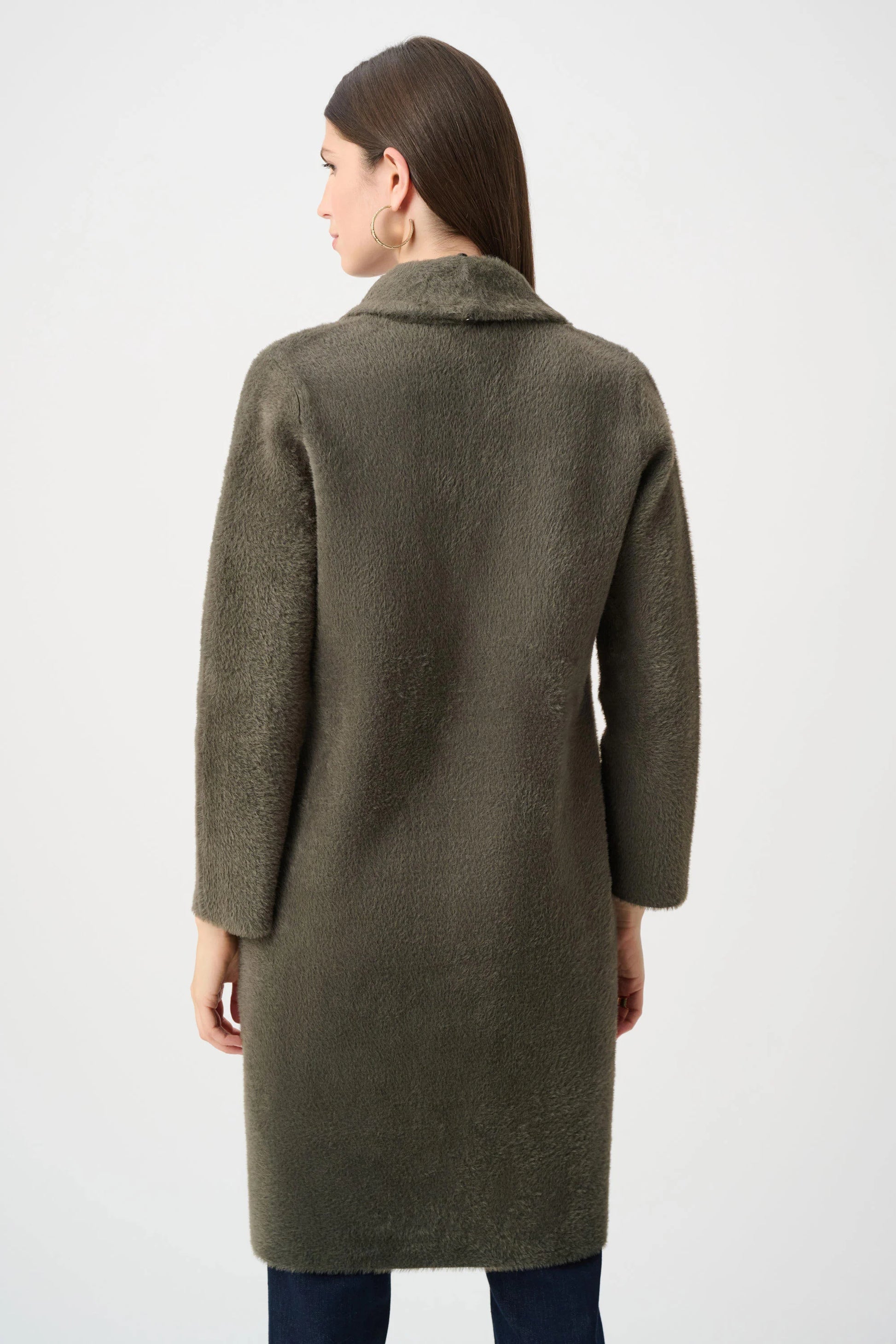 Joseph Ribkoff Avocado Feather Yarn Knit Coat With Detachable Faux Fur Collar