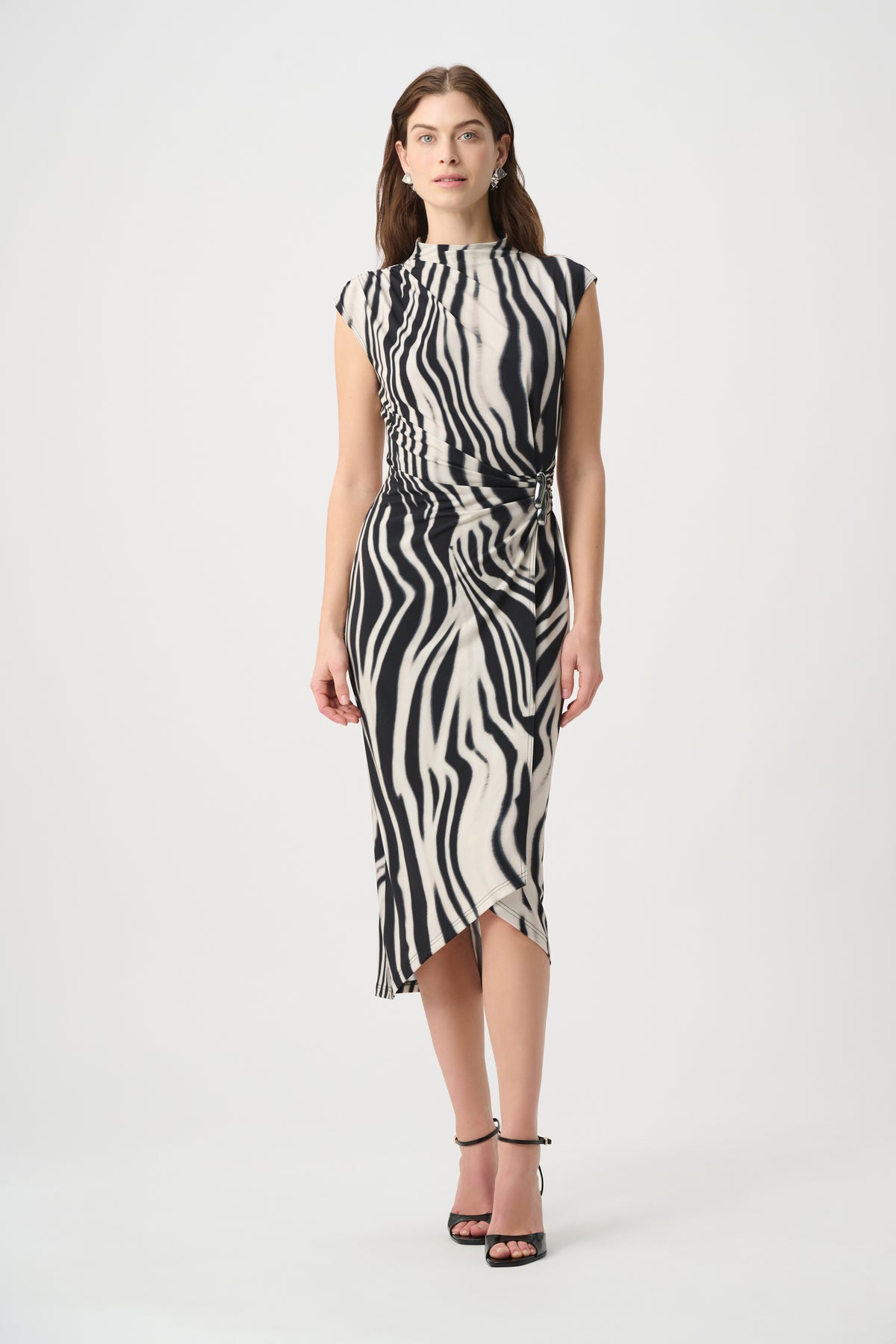 Joseph Ribkoff Black/Off-White Animal Print Wrap Dress