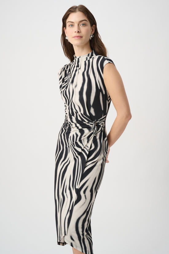 Joseph Ribkoff Black/Off-White Animal Print Wrap Dress