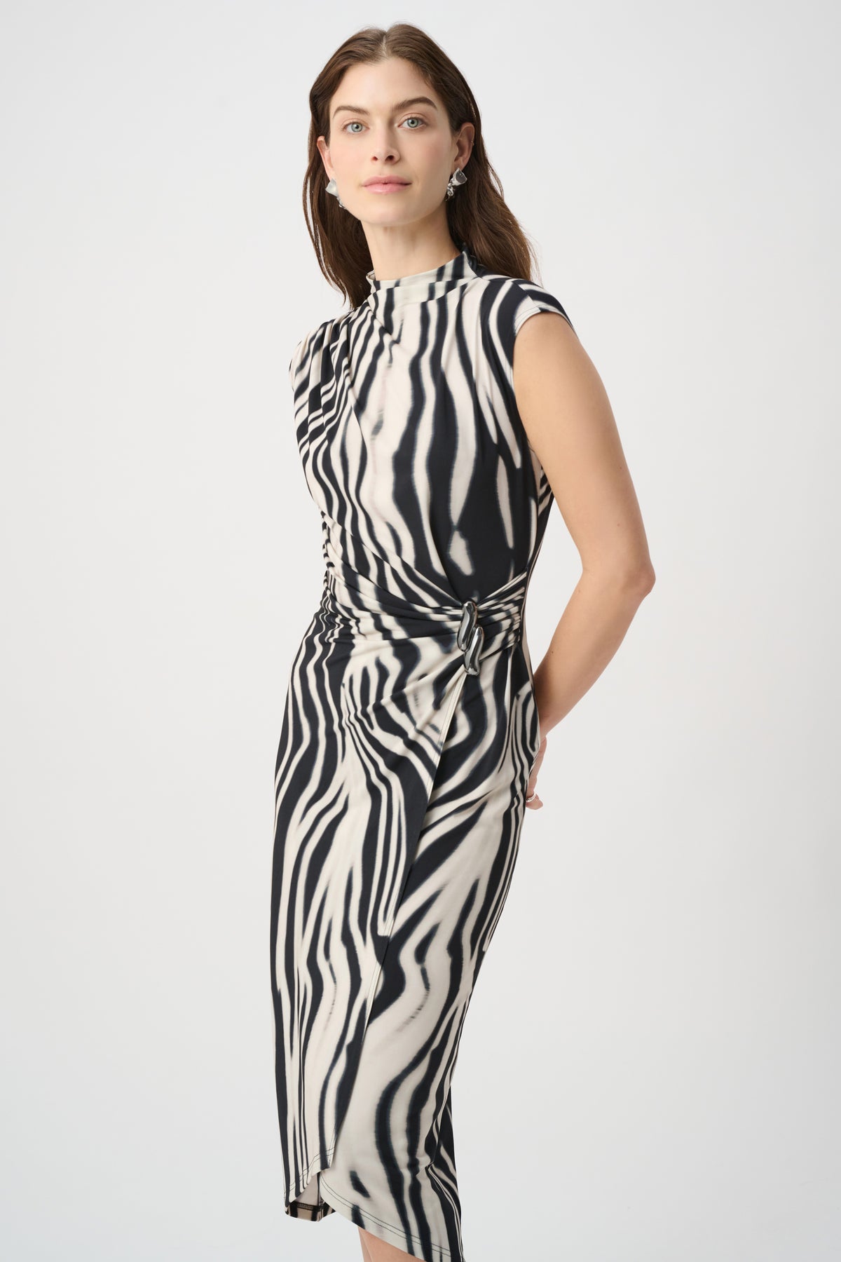 Joseph Ribkoff Black/Off-White Animal Print Wrap Dress