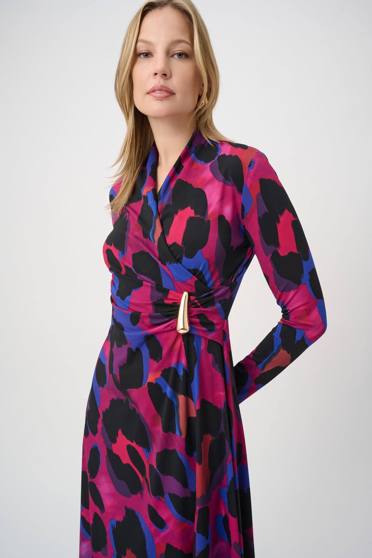 Joseph Ribkoff Black/Multi Animal Print Flowy Wrap Dress
