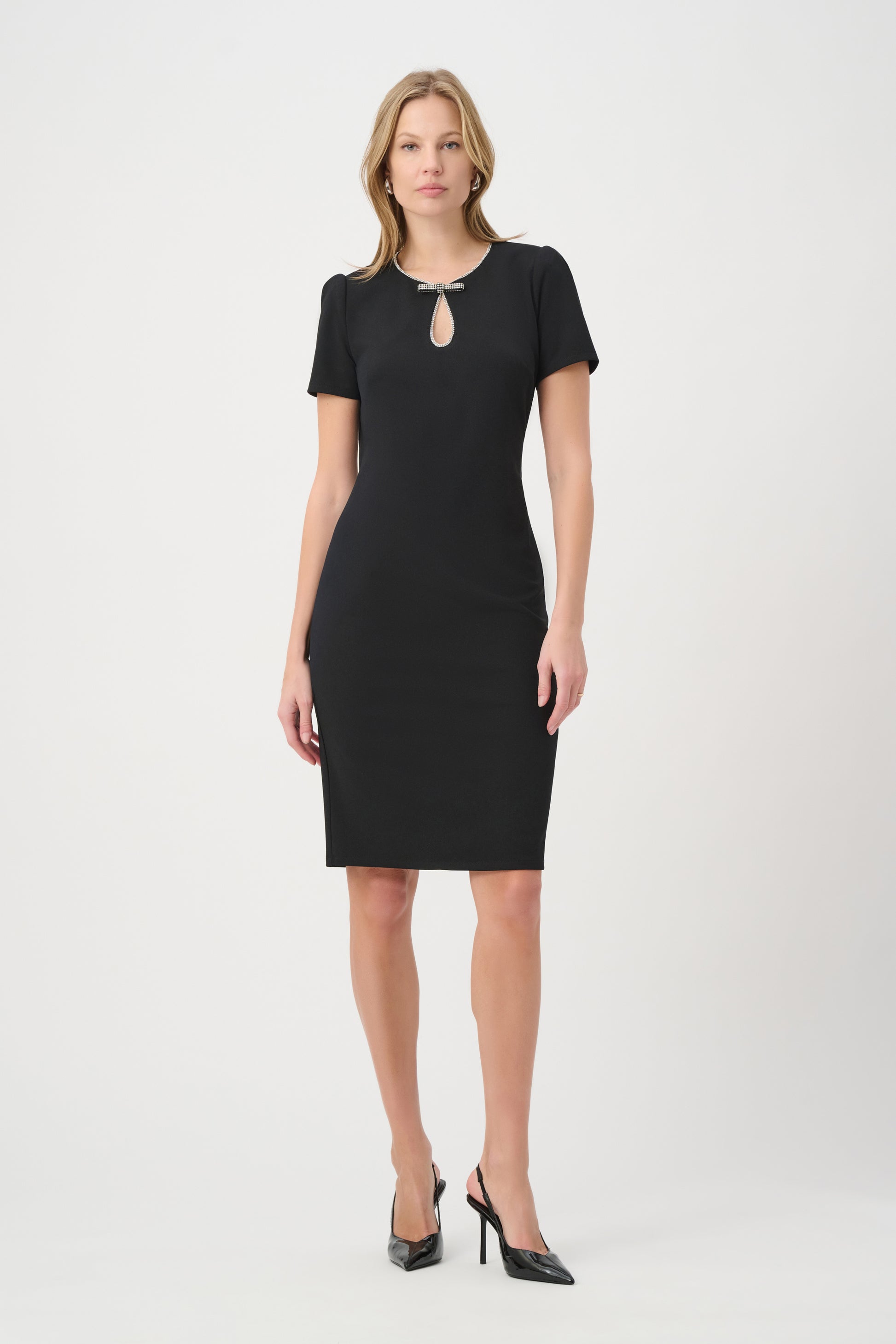 Joseph Ribkoff Black Embellished Bow Neckline Sheath Dress